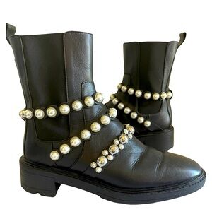 New ZARA Pearl Stud Embellished Chunky Chelsea Boots Black Combat Lug Sole S…
